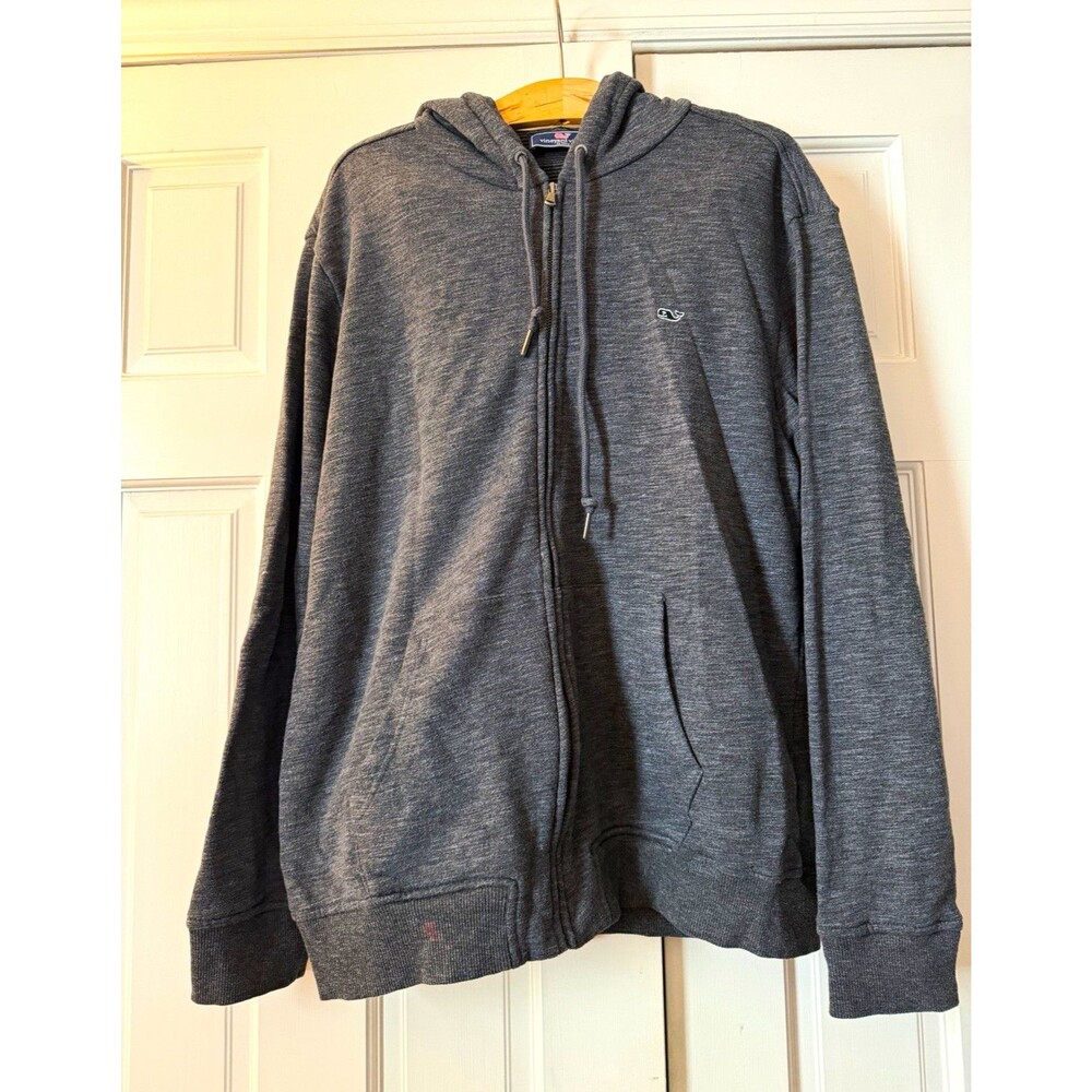 Vineyard Vines Men L Full Zip Hoodie Dark Heather Gray Striped Hood Fleece Whale